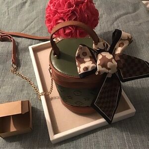 Elegant Designer inspired Brown and Green Bucket Bag .Comes Bag Scarf.